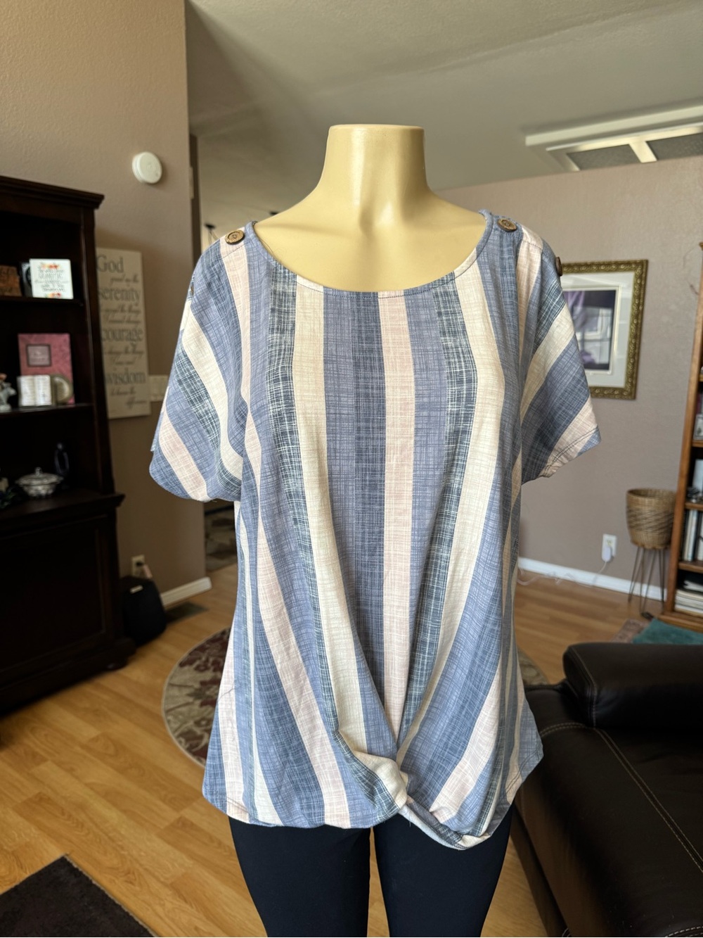 Tru Self blue & cream striped short sleeve knot front blouse-size XL
